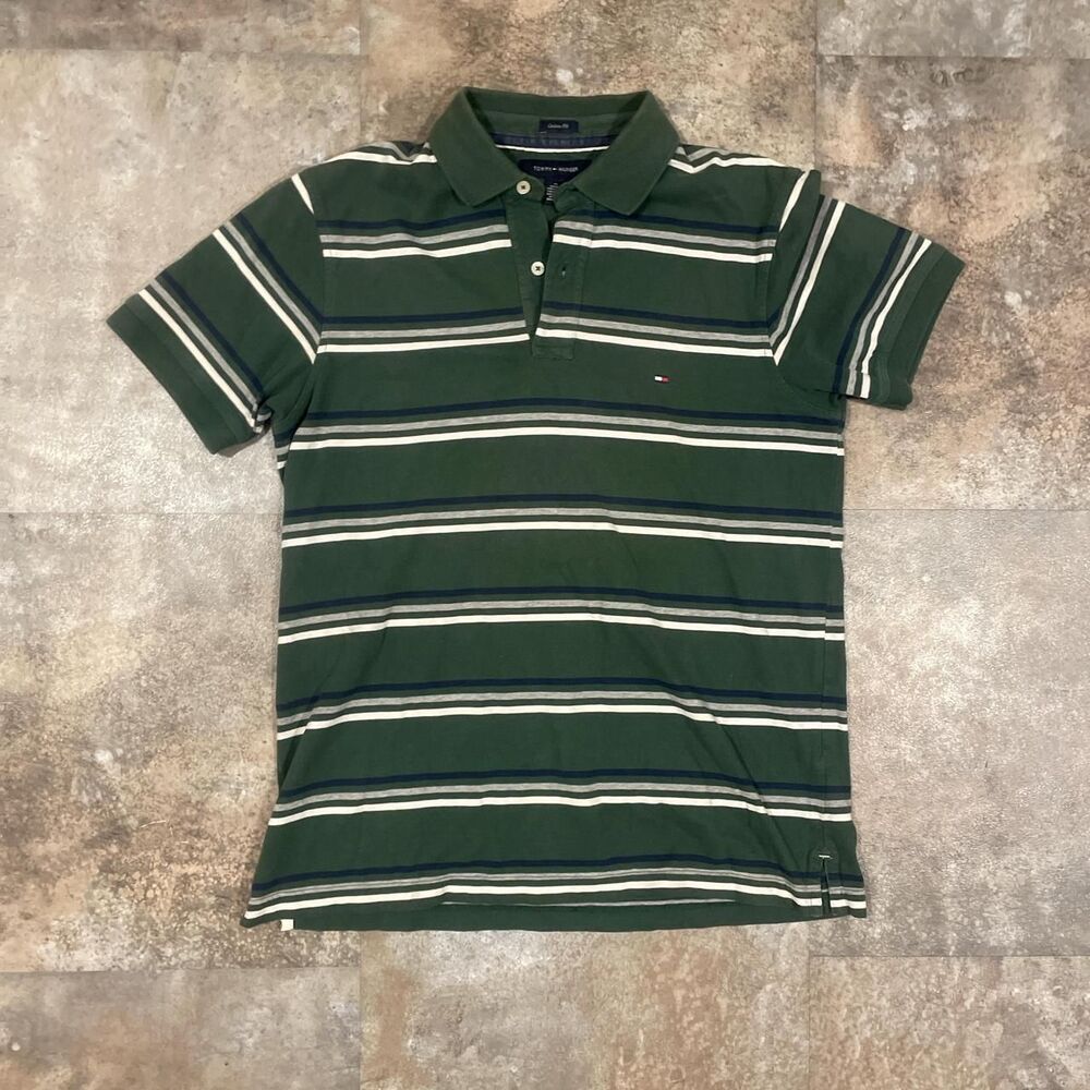 tommy hilfiger green and white striped polo shirt size medium